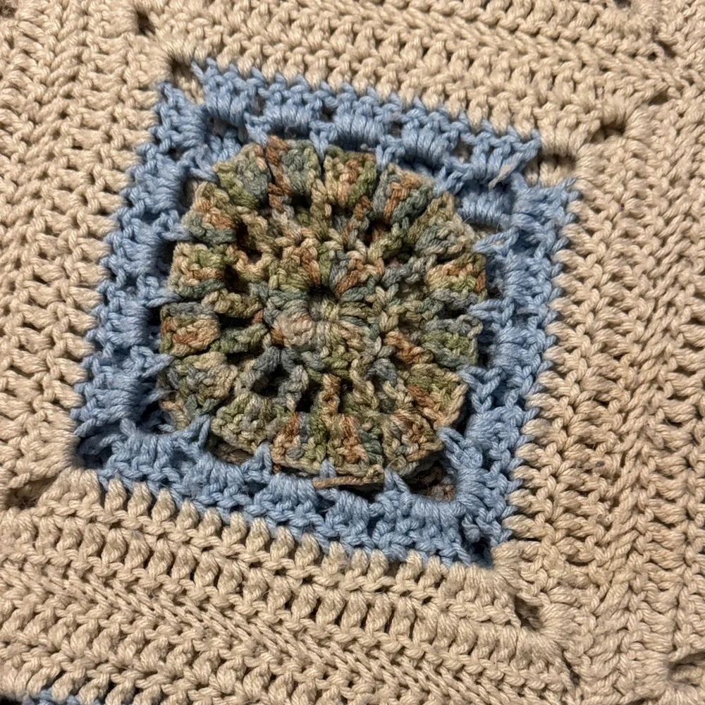 Handmade Crochet Blanket - Cream and Blue Granny Square